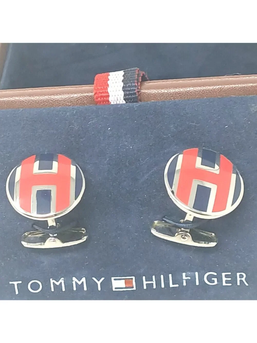 Tommy Hilfiger Cufflinks Oval Logo Red Blue H Design with Box VIntage #J-7